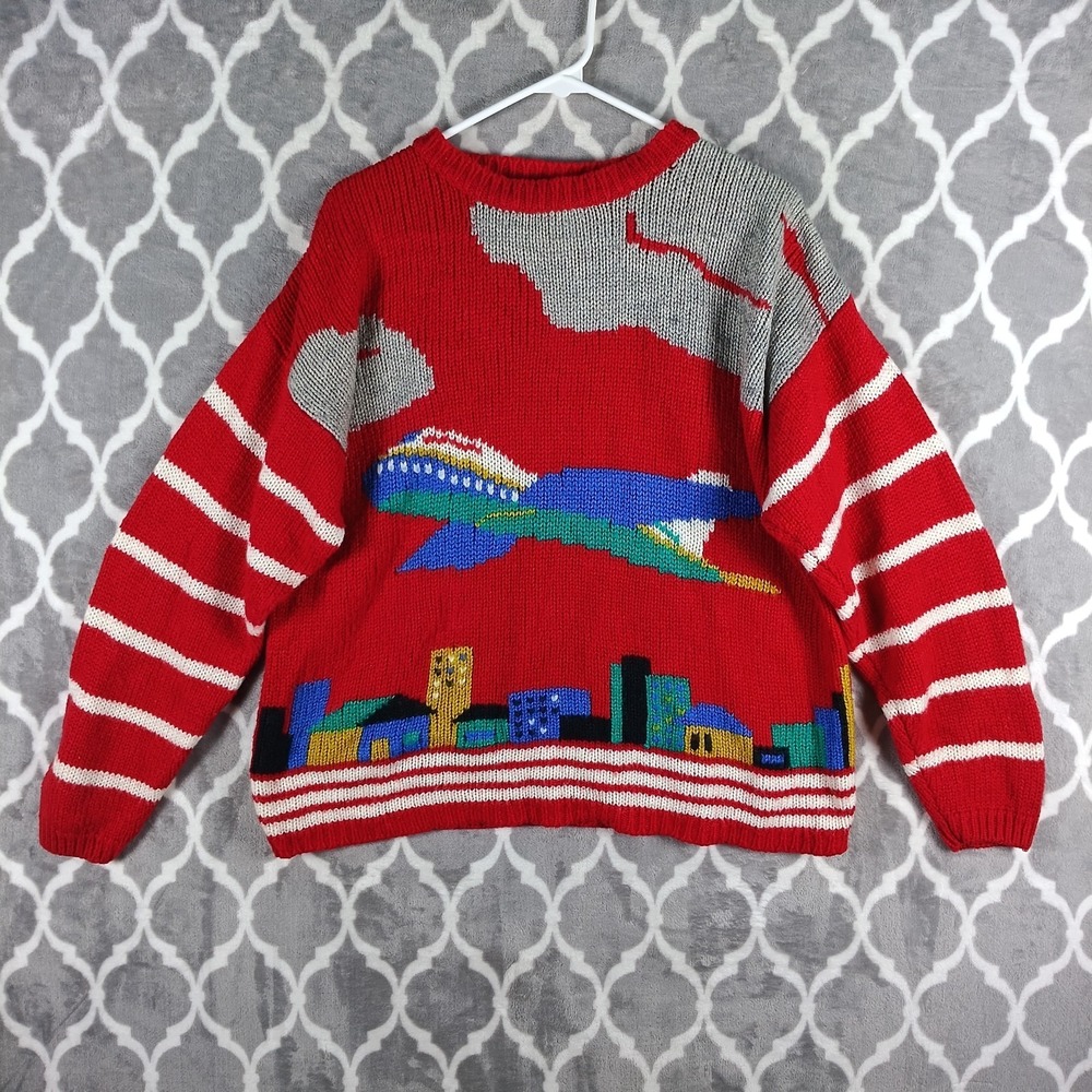 Together Vintage Sweater Women M Red Airplane City Skyline Graphic Knit 80s